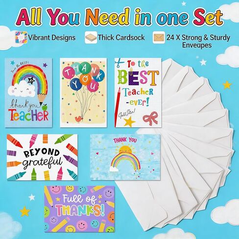 Teacher Appreciation Cards Set of 24 with Envelopes - 6 Assorted Thank You Teacher Cards, Teacher Appreciation Gifts Bulk, Cute Thank You Notes from Students in Kuwait