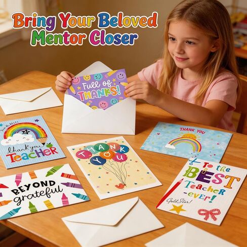 Teacher Appreciation Cards Set of 24 with Envelopes - 6 Assorted Thank You Teacher Cards, Teacher Appreciation Gifts Bulk, Cute Thank You Notes from Students in Kuwait