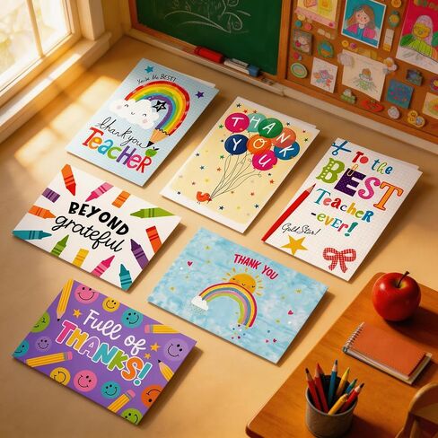 Teacher Appreciation Cards Set of 24 with Envelopes - 6 Assorted Thank You Teacher Cards, Teacher Appreciation Gifts Bulk, Cute Thank You Notes from Students in Kuwait