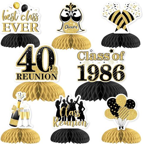 8Pcs 40 Year Class Reunion Honeycomb Centerpieces, Black and Gold 40th Reunion Decorations Table Centerpiece, Double-sided for Class of 1986 High School Reunion Welcome Back Party in Saudi Arabia