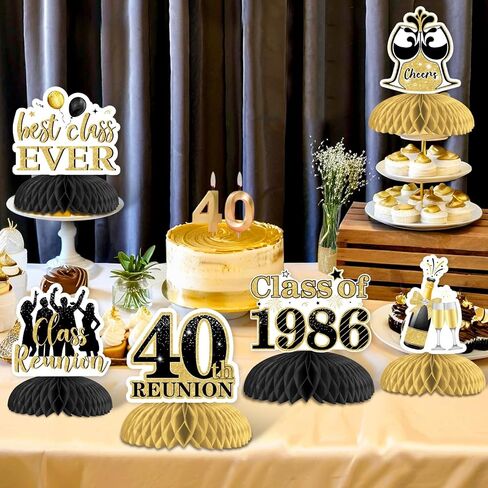 8Pcs 40 Year Class Reunion Honeycomb Centerpieces, Black and Gold 40th Reunion Decorations Table Centerpiece, Double-sided for Class of 1986 High School Reunion Welcome Back Party in Saudi Arabia