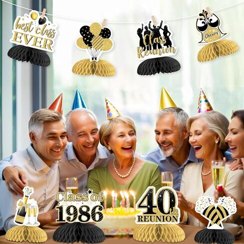 8Pcs 40 Year Class Reunion Honeycomb Centerpieces, Black and Gold 40th Reunion Decorations Table Centerpiece, Double-sided for Class of 1986 High School Reunion Welcome Back Party in Saudi Arabia
