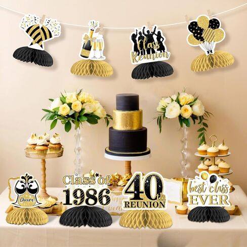 8Pcs 40 Year Class Reunion Honeycomb Centerpieces, Black and Gold 40th Reunion Decorations Table Centerpiece, Double-sided for Class of 1986 High School Reunion Welcome Back Party in Saudi Arabia