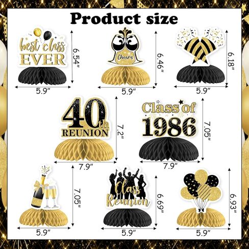 8Pcs 40 Year Class Reunion Honeycomb Centerpieces, Black and Gold 40th Reunion Decorations Table Centerpiece, Double-sided for Class of 1986 High School Reunion Welcome Back Party in Saudi Arabia