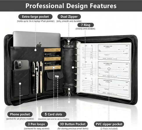 Toplive Zippered 7 Ring Business Checkbook Binder Extra-Large, 2Pack 7-Hole Pouch, 600 Checks Capacity, PU Leather Check Book Binder Cover with Multi-Pocket Design for Office & Business Use, Black in Saudi Arabia