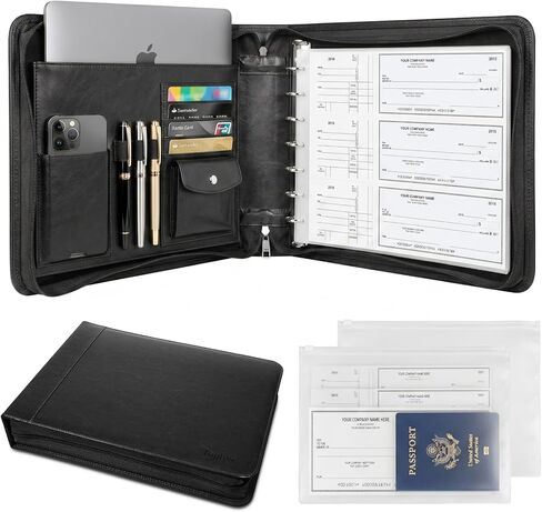 Toplive Zippered 7 Ring Business Checkbook Binder Extra-Large, 2Pack 7-Hole Pouch, 600 Checks Capacity, PU Leather Check Book Binder Cover with Multi-Pocket Design for Office & Business Use, Black in Saudi Arabia