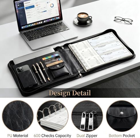 Toplive Zippered 7 Ring Business Checkbook Binder Extra-Large, 2Pack 7-Hole Pouch, 600 Checks Capacity, PU Leather Check Book Binder Cover with Multi-Pocket Design for Office & Business Use, Black in Saudi Arabia