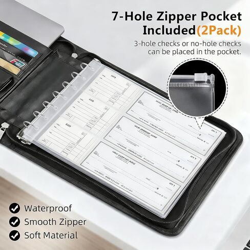 Toplive Zippered 7 Ring Business Checkbook Binder Extra-Large, 2Pack 7-Hole Pouch, 600 Checks Capacity, PU Leather Check Book Binder Cover with Multi-Pocket Design for Office & Business Use, Black in Saudi Arabia