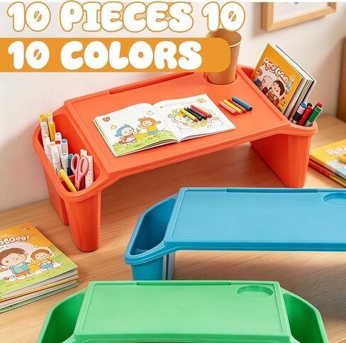 10 Pcs Kids Lap Desk Tray Bulk, Portable Lap Desk Kids Plastic Table with Side Storage Space, Colorful Lap Tray Bed Table for Students, Classroom, Study, Eating, Laptop & Activities in Saudi Arabia
