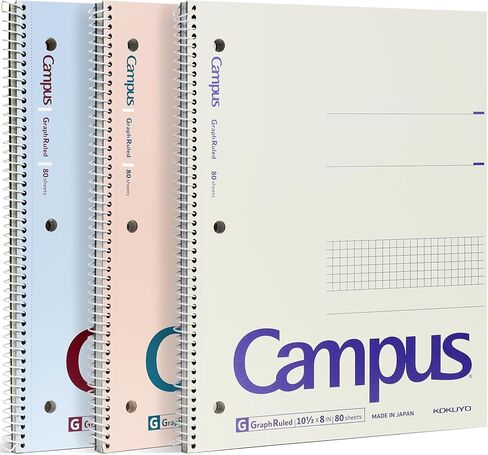 KOKUYO Spiral Notebook with 5x5 Graph Paper, 3 Pack Campus 10-1/2" x 8" Subject Notebooks, 80 Sheets, Light Pink Blue Off-White 3 Holes School Spiral Journal for Study Planner Drawing (WSG-SU-400G4×3) in Kuwait