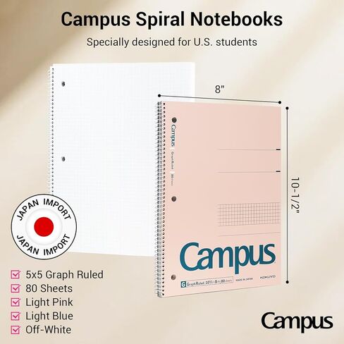 KOKUYO Spiral Notebook with 5x5 Graph Paper, 3 Pack Campus 10-1/2" x 8" Subject Notebooks, 80 Sheets, Light Pink Blue Off-White 3 Holes School Spiral Journal for Study Planner Drawing (WSG-SU-400G4×3) in Kuwait