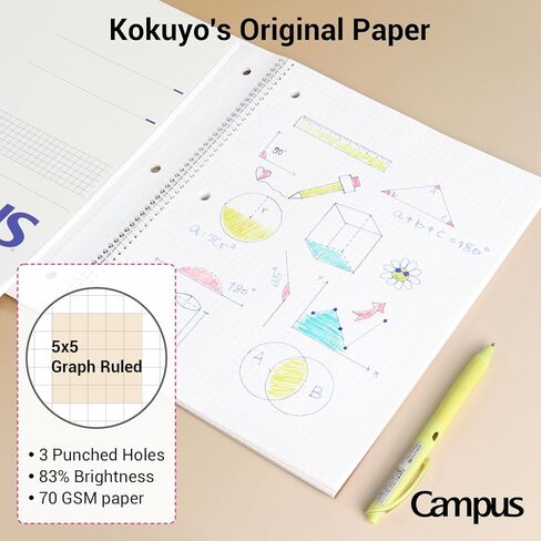 KOKUYO Spiral Notebook with 5x5 Graph Paper, 3 Pack Campus 10-1/2" x 8" Subject Notebooks, 80 Sheets, Light Pink Blue Off-White 3 Holes School Spiral Journal for Study Planner Drawing (WSG-SU-400G4×3) in Kuwait