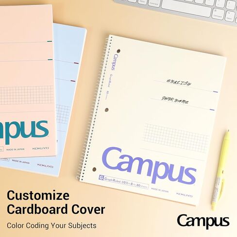 KOKUYO Spiral Notebook with 5x5 Graph Paper, 3 Pack Campus 10-1/2" x 8" Subject Notebooks, 80 Sheets, Light Pink Blue Off-White 3 Holes School Spiral Journal for Study Planner Drawing (WSG-SU-400G4×3) in Kuwait