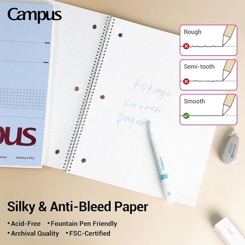 KOKUYO Spiral Notebook with 5x5 Graph Paper, 3 Pack Campus 10-1/2" x 8" Subject Notebooks, 80 Sheets, Light Pink Blue Off-White 3 Holes School Spiral Journal for Study Planner Drawing (WSG-SU-400G4×3) in Kuwait
