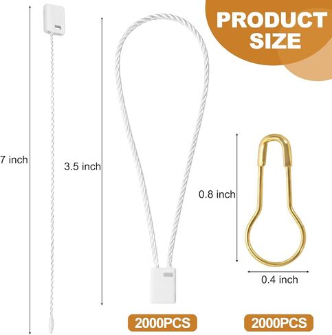 2000 Pieces Hang Tag Nylon Strings with Gold Metal Ground Safety Pins, 7" White Nylon Snap Lock Pin Loop Fastener Hook Ties for Clothes Tags, Price Tags, Luggage Label, Easy and Fast to Attach in Kuwait