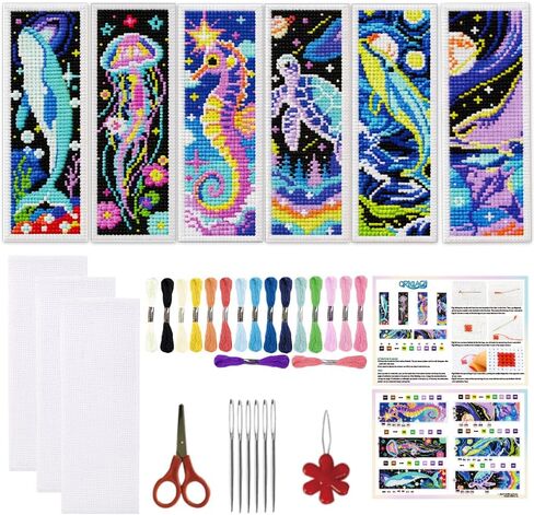 ORIGACH 6 Set Cosmic Ocean Cross Stitch Bookmark Kit for Beginner with Backing Felt Floss Instructions DIY Jellyfish Seahorse Whale Turtle Stamped Embroidery Bookmark Kit for Adults, Book Lovers in Kuwait