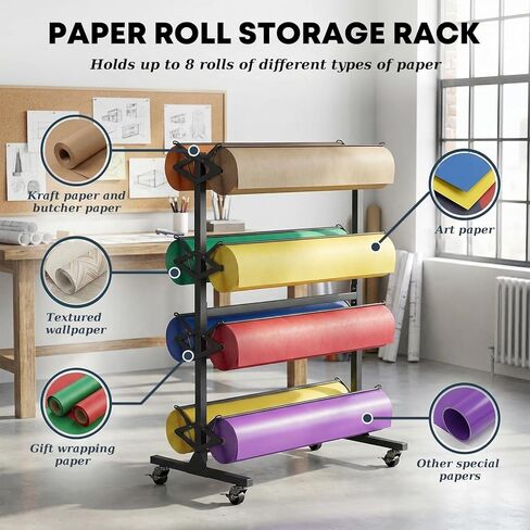 Large Butcher Paper Roll Holder, 8 Roll 36'' W x 9" Dia Roll Butcher Paper Roll Dispenser Rack and Cutter, Mobile Craft Ppaper Roll Holder Organizer for Classroom Studio Retail in Saudi Arabia