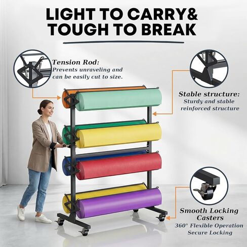 Large Butcher Paper Roll Holder, 8 Roll 36'' W x 9" Dia Roll Butcher Paper Roll Dispenser Rack and Cutter, Mobile Craft Ppaper Roll Holder Organizer for Classroom Studio Retail in Saudi Arabia