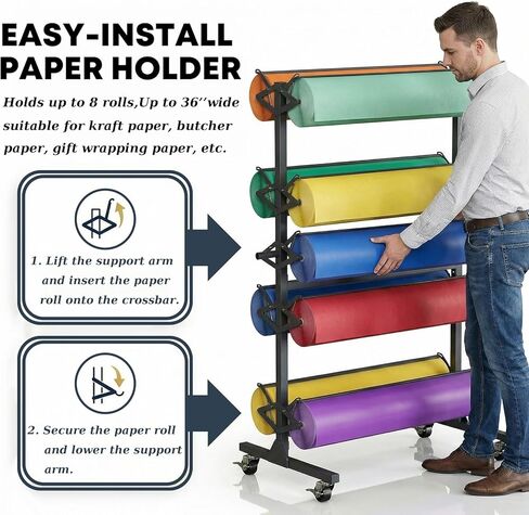 Large Butcher Paper Roll Holder, 8 Roll 36'' W x 9" Dia Roll Butcher Paper Roll Dispenser Rack and Cutter, Mobile Craft Ppaper Roll Holder Organizer for Classroom Studio Retail in Saudi Arabia