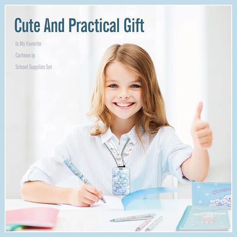 مجموعة هدايا قرطاسية لطيفة Kawaii Back to School بما في ذلك دفتر الملاحظات وقلم الرصاص Cas وقلم حبر جاف وملصقات حامل شارة الهوية وسلسلة المفاتيح المرجعية (الأزرق) in Kuwait
