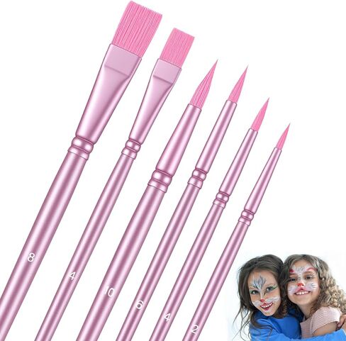 6 PCS Face Paint Brushes, Watercolor Nylon Paint Brushes Set for Acrylic Painting, Round Pointed Tip Flat Artist Brush for Oil Face Nail Miniature Detailing Drawing Art Supplies (Pink) in Kuwait