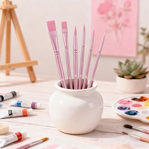 6 PCS Face Paint Brushes, Watercolor Nylon Paint Brushes Set for Acrylic Painting, Round Pointed Tip Flat Artist Brush for Oil Face Nail Miniature Detailing Drawing Art Supplies (Pink) in Kuwait