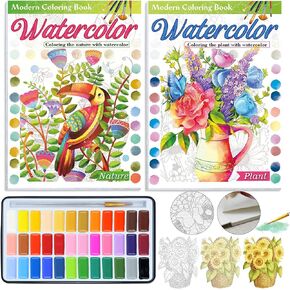 2Pack Watercolor Coloring Book for Adults + 36 Color Watercolor Set: 24 Unique Patterns, 100% Cotton 300gsm A4, for Beginners & Advanced to Enhance Techniques, Gift for Women(Plant & Butterfly) in Saudi Arabia