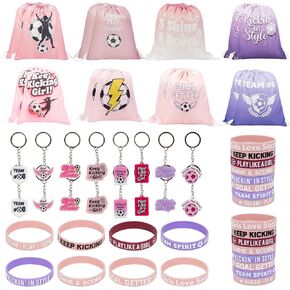 Soccer Goodie Bags for Team, 16 Pack Party Favors Set with Drawstring Backpacks, Wristbands & Keychains, Youth Team Gifts for Birthday and End of Season, Pink for Girls in Saudi Arabia
