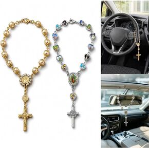 MOTEERLLU 2PCS Car Rosary Steering Wheel Charm with Madonna Medallion, Mini Rosary Cross for Car Mirror Hanging Accessories, Gifts for Women Believers on Catholic Baptism New Car in Saudi Arabia