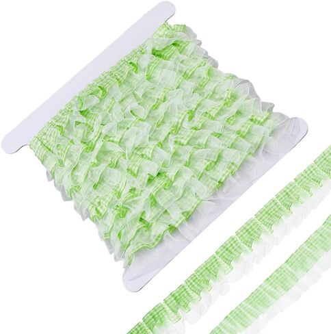10 Yards Gingham Lace Ribbon Fabric Trims Green 2-Layer Pleated Gathered Edge Ribbon Embroidered Applique Edging Trimming Mesh for Dress Curtain Costume Pillowcase Sewing Making Crafts in Kuwait