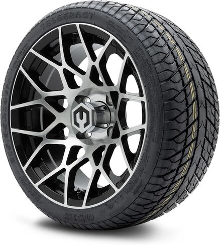 عجلات عربة الجولف MODZ® Blitz باللون الأسود اللامع مقاس 14 بوصة ومجموعة إطارات Odyssey Tesseract (215/35-14) DOT ذات الحزام الفولاذي لعربة الجولف - مجموعة من 4 قطع in Kuwait