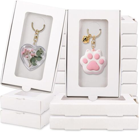 Klmnop 40 Pcs Sublimation Keychain Packaging Box, 5.4" x 3.4" x 0.7" Paper Necklace Packaging Box Bulk with Clear Window Display Card, Jewelry Gift Boxes for Necklace Bracelet Earring Keychain(White) in Kuwait