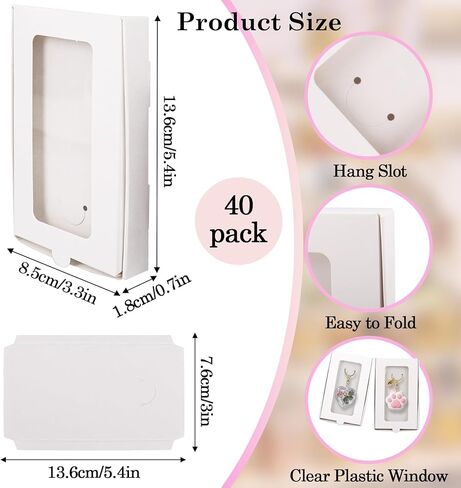 Klmnop 40 Pcs Sublimation Keychain Packaging Box, 5.4" x 3.4" x 0.7" Paper Necklace Packaging Box Bulk with Clear Window Display Card, Jewelry Gift Boxes for Necklace Bracelet Earring Keychain(White) in Kuwait