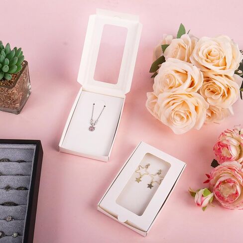 Klmnop 40 Pcs Sublimation Keychain Packaging Box, 5.4" x 3.4" x 0.7" Paper Necklace Packaging Box Bulk with Clear Window Display Card, Jewelry Gift Boxes for Necklace Bracelet Earring Keychain(White) in Kuwait