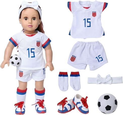 American 18 inch Doll Clothes Accessories - 6 Pcs Soccer Uniform Set Includes Jersey, Shorts, Socks, Cleats, Soccer Ball & Bow Headband for 18 Inch Girl Dolls in Saudi Arabia