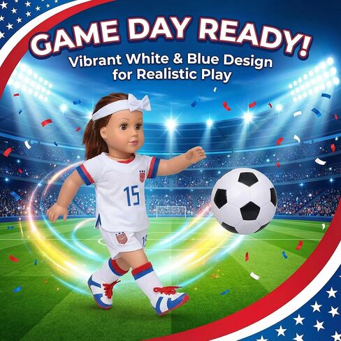 American 18 inch Doll Clothes Accessories - 6 Pcs Soccer Uniform Set Includes Jersey, Shorts, Socks, Cleats, Soccer Ball & Bow Headband for 18 Inch Girl Dolls in Saudi Arabia