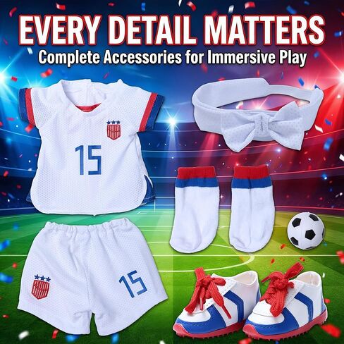 American 18 inch Doll Clothes Accessories - 6 Pcs Soccer Uniform Set Includes Jersey, Shorts, Socks, Cleats, Soccer Ball & Bow Headband for 18 Inch Girl Dolls in Saudi Arabia