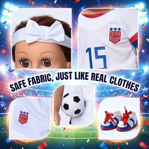 American 18 inch Doll Clothes Accessories - 6 Pcs Soccer Uniform Set Includes Jersey, Shorts, Socks, Cleats, Soccer Ball & Bow Headband for 18 Inch Girl Dolls in Saudi Arabia