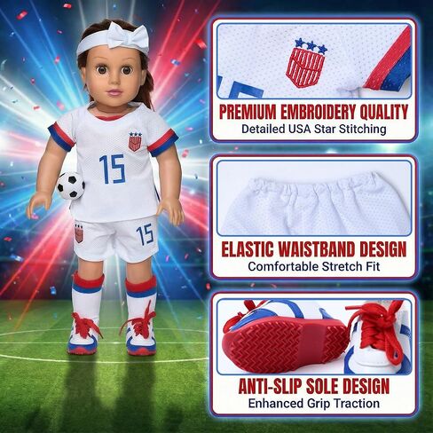 American 18 inch Doll Clothes Accessories - 6 Pcs Soccer Uniform Set Includes Jersey, Shorts, Socks, Cleats, Soccer Ball & Bow Headband for 18 Inch Girl Dolls in Saudi Arabia