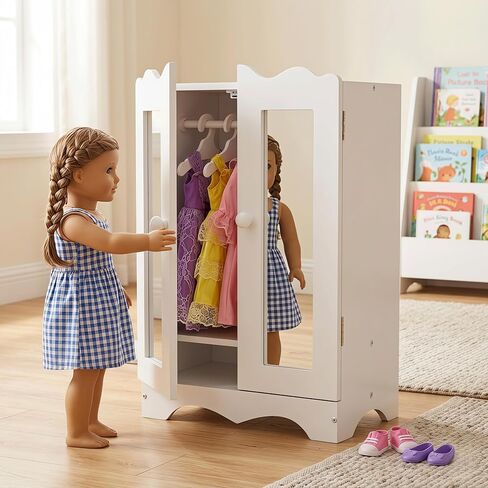 White Wooden Closet for 18 Inch Dolls, Armoire Wardrobe with Acrylic Mirror & 6 Hangers, Doll Clothes Closet Storage Furniture Organizer, 11.8x7.5x17.7in in Saudi Arabia