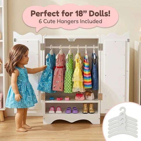 White Wooden Closet for 18 Inch Dolls, Armoire Wardrobe with Acrylic Mirror & 6 Hangers, Doll Clothes Closet Storage Furniture Organizer, 11.8x7.5x17.7in in Saudi Arabia