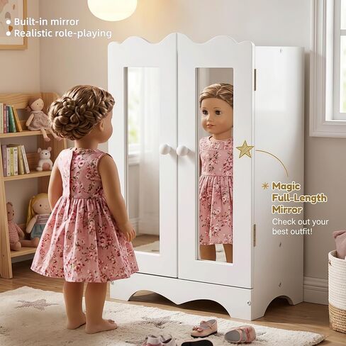 White Wooden Closet for 18 Inch Dolls, Armoire Wardrobe with Acrylic Mirror & 6 Hangers, Doll Clothes Closet Storage Furniture Organizer, 11.8x7.5x17.7in in Saudi Arabia