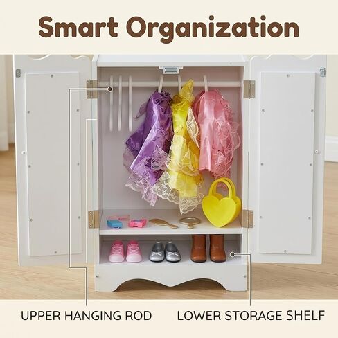 White Wooden Closet for 18 Inch Dolls, Armoire Wardrobe with Acrylic Mirror & 6 Hangers, Doll Clothes Closet Storage Furniture Organizer, 11.8x7.5x17.7in in Saudi Arabia