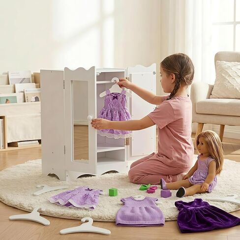 White Wooden Closet for 18 Inch Dolls, Armoire Wardrobe with Acrylic Mirror & 6 Hangers, Doll Clothes Closet Storage Furniture Organizer, 11.8x7.5x17.7in in Saudi Arabia