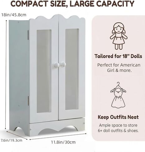 White Wooden Closet for 18 Inch Dolls, Armoire Wardrobe with Acrylic Mirror & 6 Hangers, Doll Clothes Closet Storage Furniture Organizer, 11.8x7.5x17.7in in Saudi Arabia