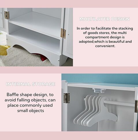White Wooden Closet for 18 Inch Dolls, Armoire Wardrobe with Acrylic Mirror & 6 Hangers, Doll Clothes Closet Storage Furniture Organizer, 11.8x7.5x17.7in in Saudi Arabia