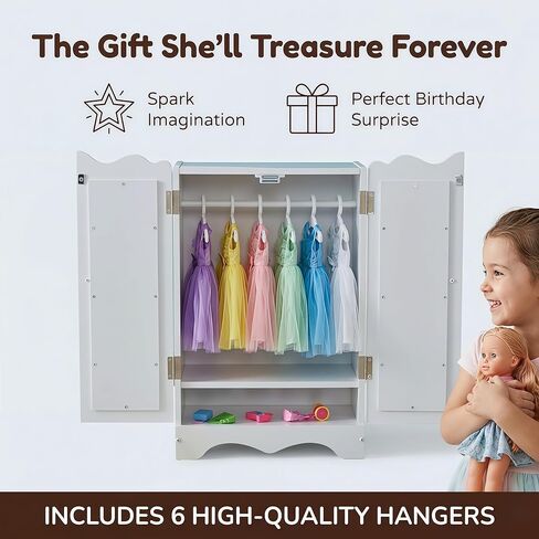 White Wooden Closet for 18 Inch Dolls, Armoire Wardrobe with Acrylic Mirror & 6 Hangers, Doll Clothes Closet Storage Furniture Organizer, 11.8x7.5x17.7in in Saudi Arabia