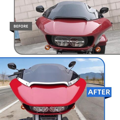 شريط زخرفة الزجاج الأمامي المقسم من الألومنيوم للدراجات النارية متوافق مع Road Glide 2014-2023، مجموعة أدوات مركزية للتجول لملحقات Harley Road Glide Ultra FLTRU FLTRX Special FLTRXS 2014-2023، فضي in Kuwait