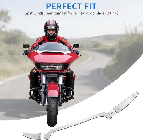 شريط زخرفة الزجاج الأمامي المقسم من الألومنيوم للدراجات النارية متوافق مع Road Glide 2014-2023، مجموعة أدوات مركزية للتجول لملحقات Harley Road Glide Ultra FLTRU FLTRX Special FLTRXS 2014-2023، فضي in Kuwait