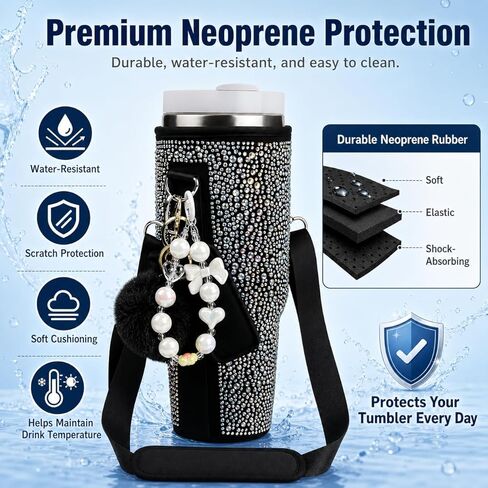Water Bottle Carrier Bag for Stanley 40oz Tumbler - Stanley Cup Bag with Adjustable Strap, Straw Cover & Pompom Keychains - Stanley Cup Accessories, Purple Diamond in Saudi Arabia